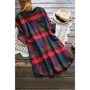 Women's Side Pockets Plaid Round Neck Roll Sleeve